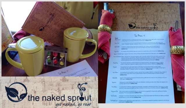A lovely tea menu at the naked sprout, plus a very cute "perfect tea" timer comes to your table as well. 